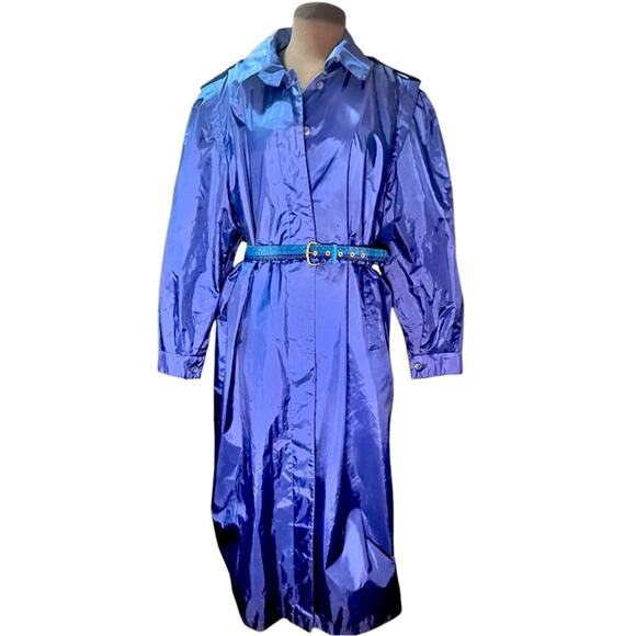 Vintage Blue Shiny Long Rain Trench Coat 16 Classic Spring Statement Feminine - Picture 1 of 8